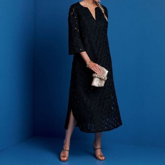 Tuckernuck Black V-Neck Floral Lace Eyelet Jamie Midi Kaftan Shift Dress XS - Picture 15 of 15